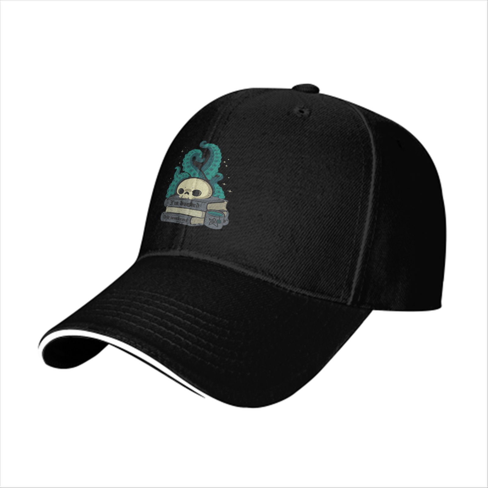 Black baseball cap with skull tentacle book graphic design