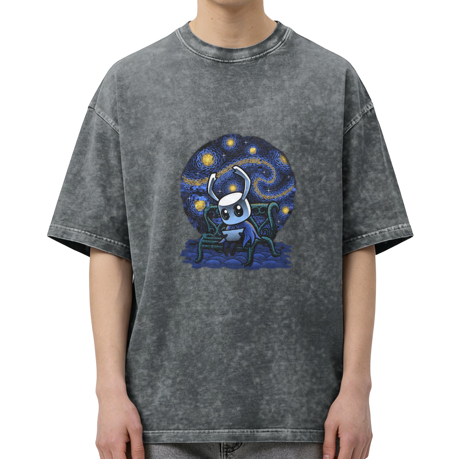 Hollow Knight Starry Night Graphic Oversized Acid Wash T-Shirt