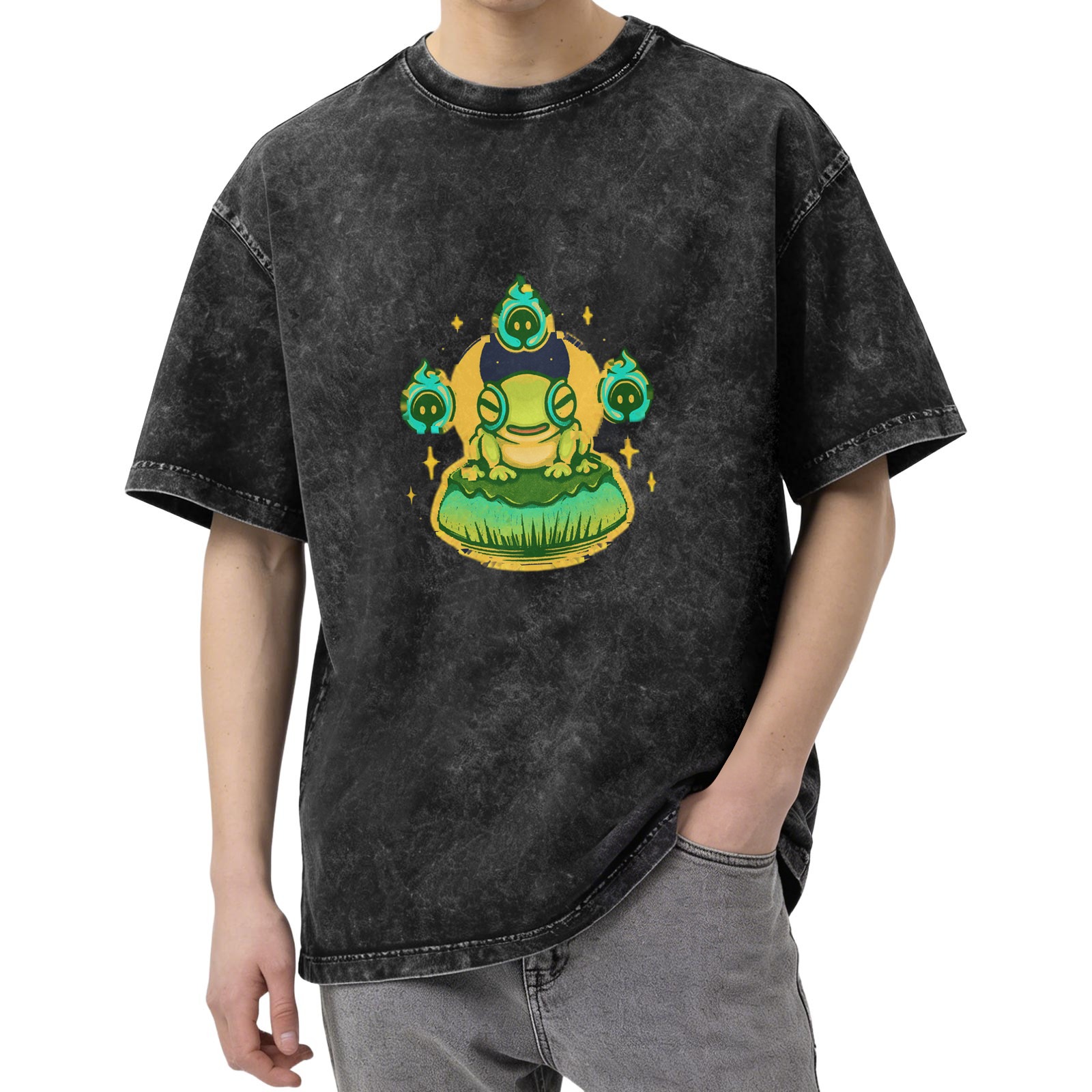 Oversized Acid Wash T-Shirt with Cute Frog and Ghost Flames Graphic