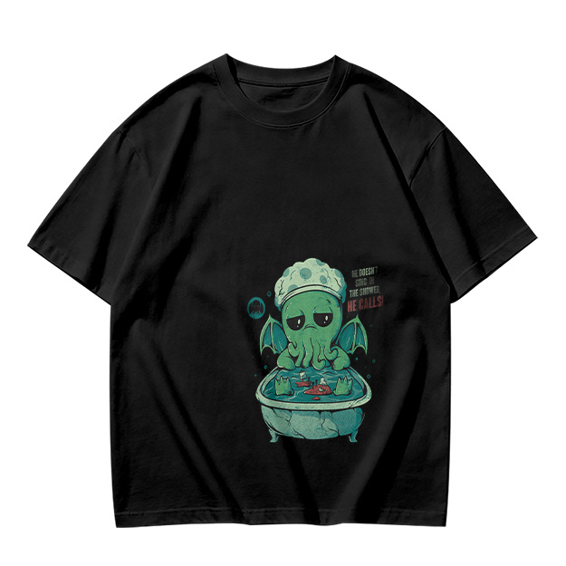 Olive T-shirt with Cute Sad Cthulhu Bathing Graphic