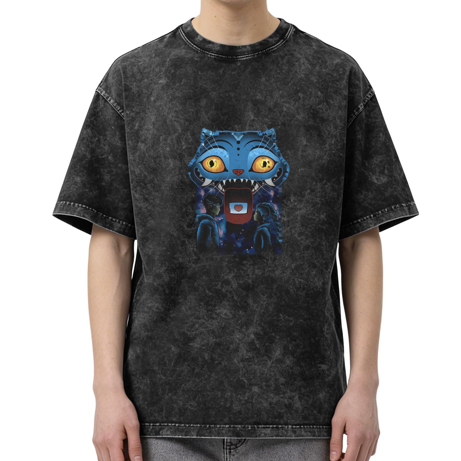 Distressed washed black loose short-sleeved T-shirt with blue cartoon monster pattern printed on the chest