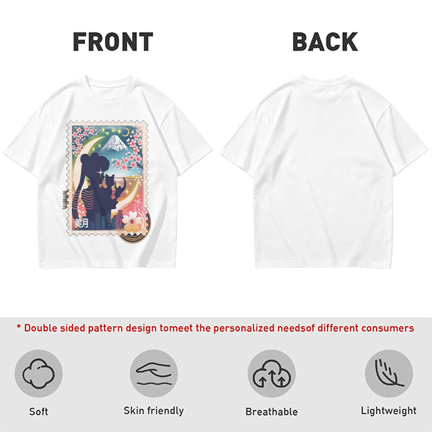 Olive T-shirt with Japanese stamp-style anime graphic print