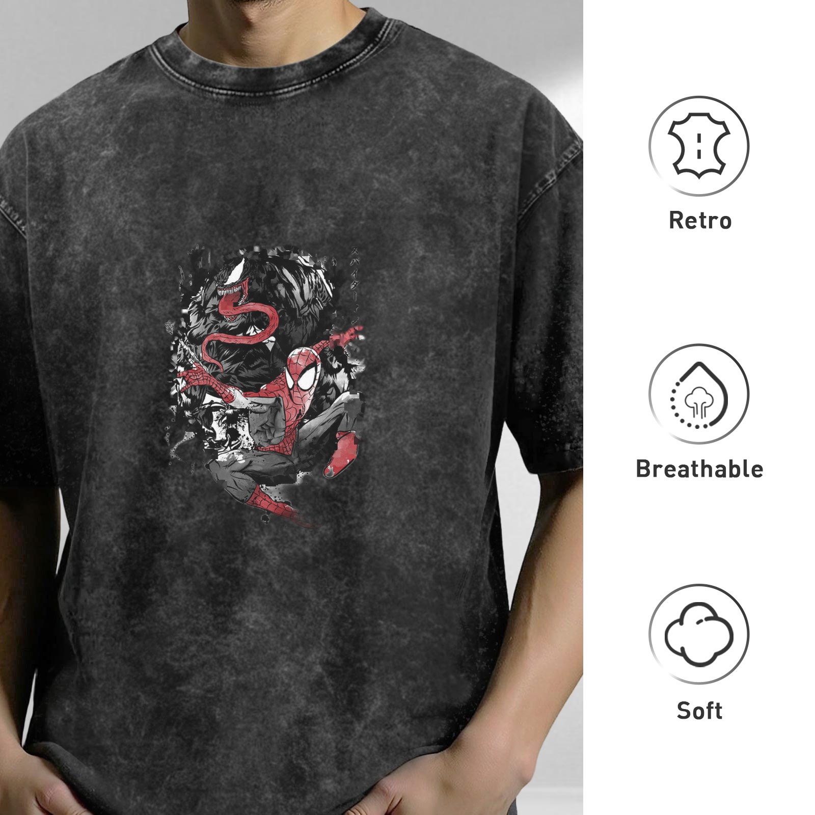 Washed Black Oversized T-Shirt with Spider-Man Graphic Print