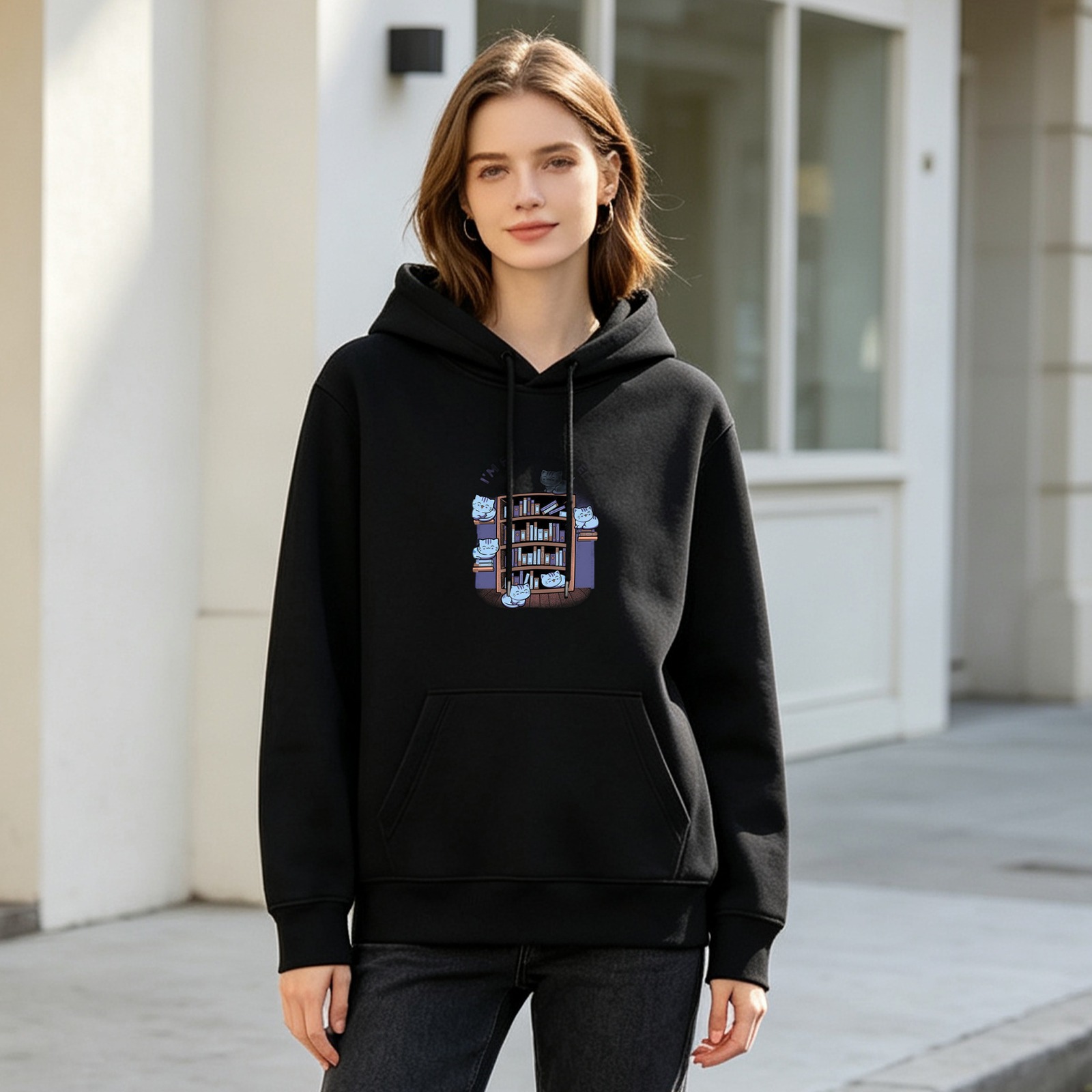 Black Hoodie With Cute Cats On Bookshelf Graphic Print