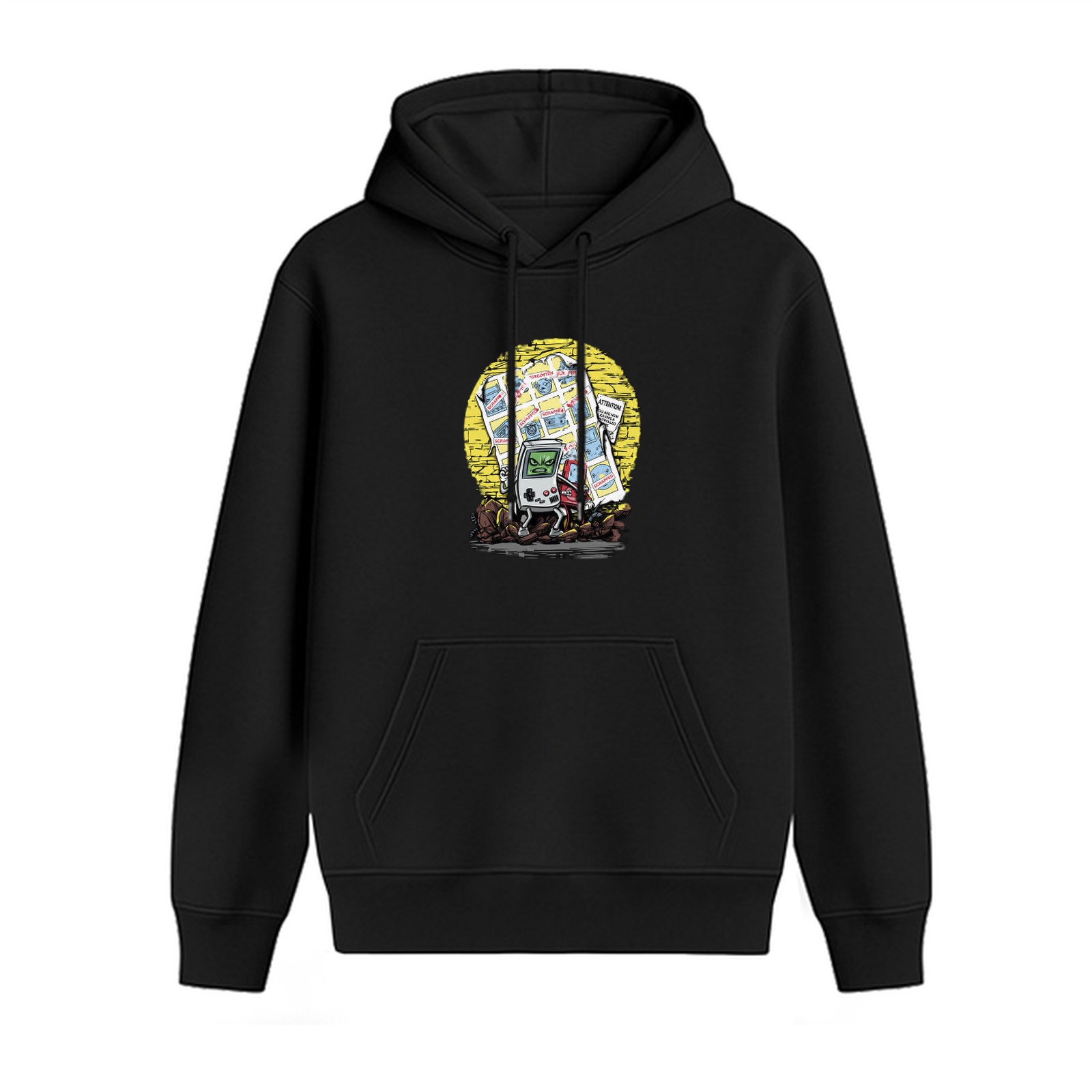 Black hoodie with retro handheld game and comic print