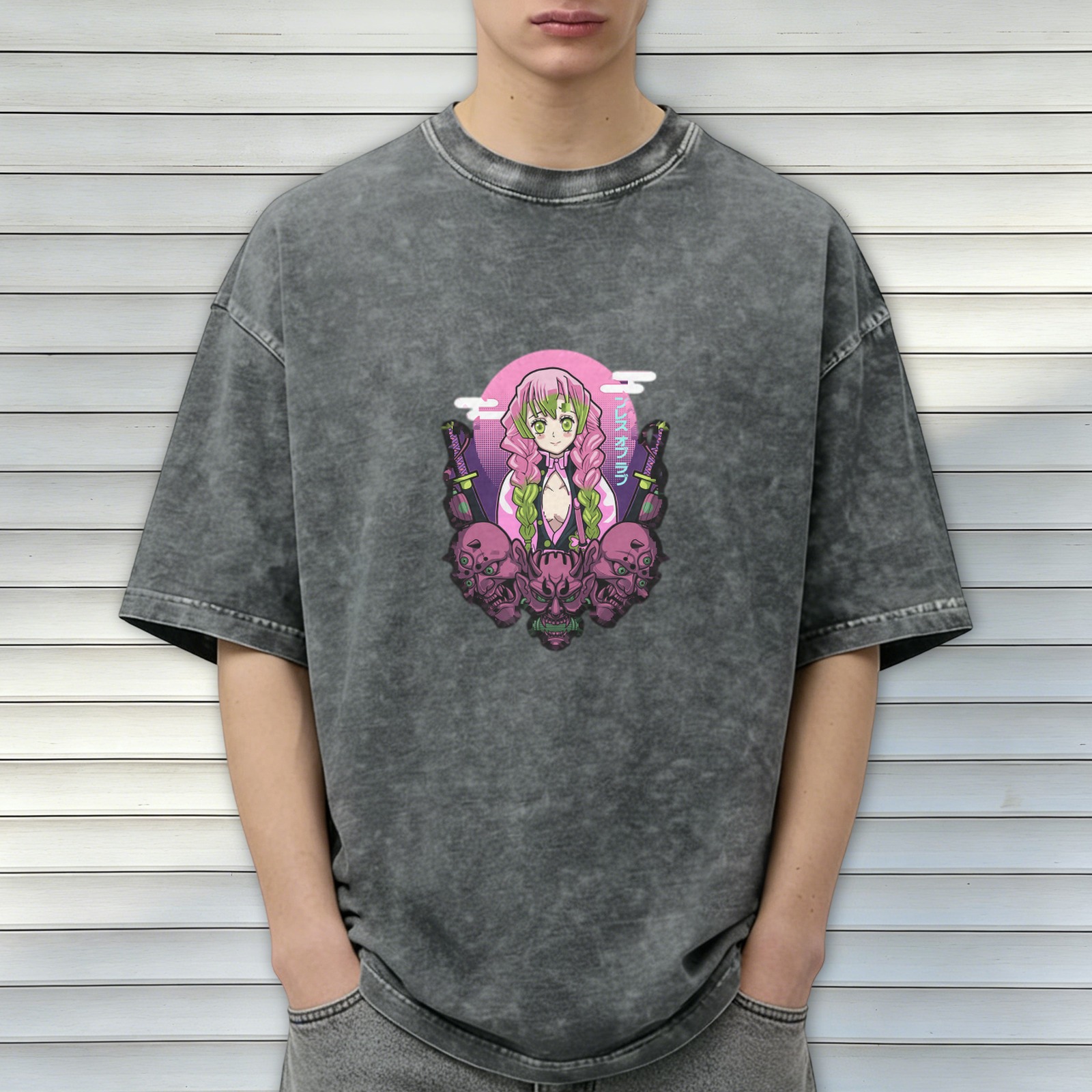 Oversized Acid Wash T-Shirt with Anime Demon Slayer Character Print