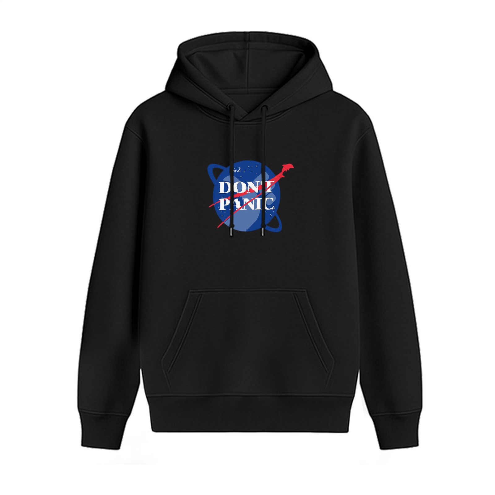 Black hoodie with 'DON'T PANIC' space-themed graphic