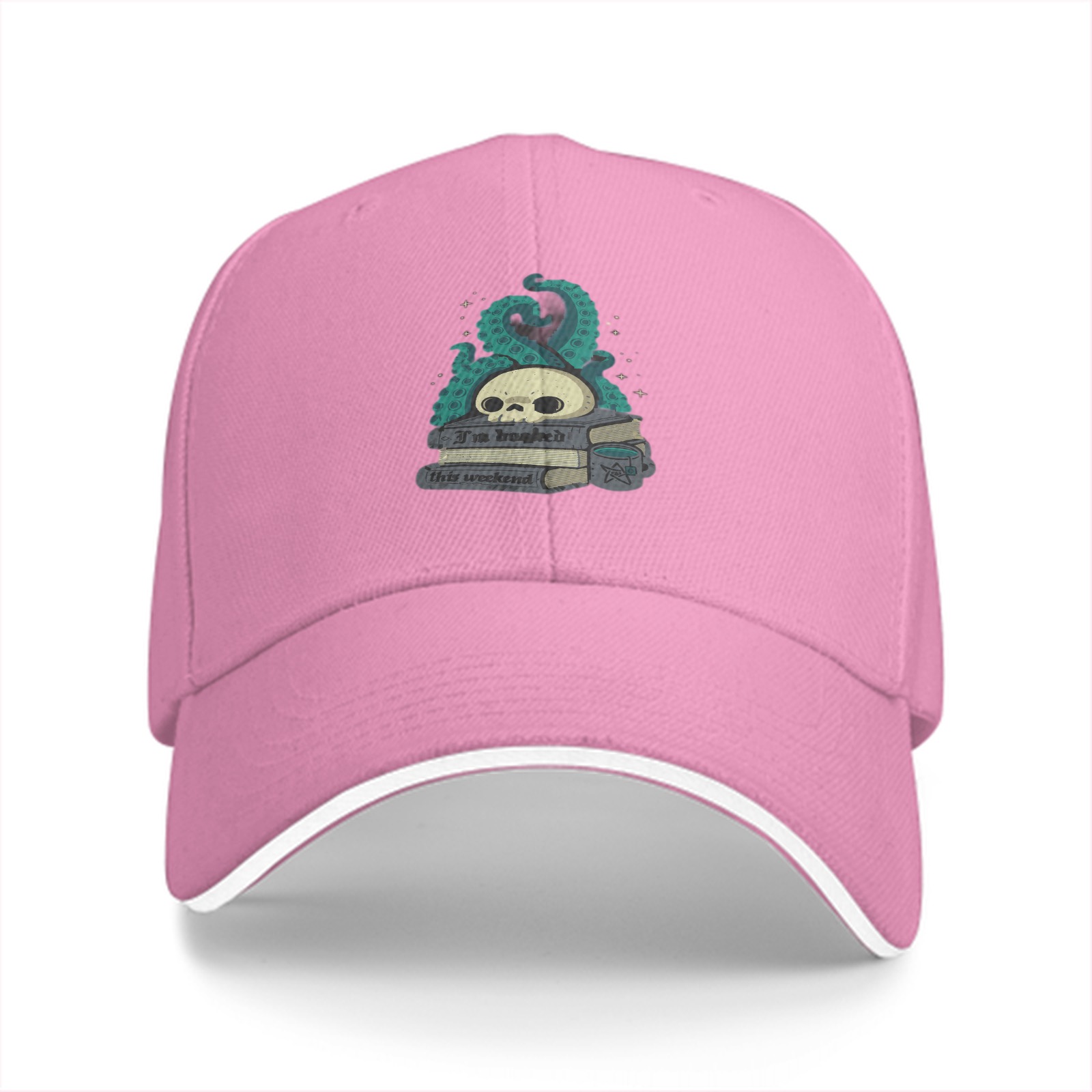 Black baseball cap with skull tentacle book graphic design