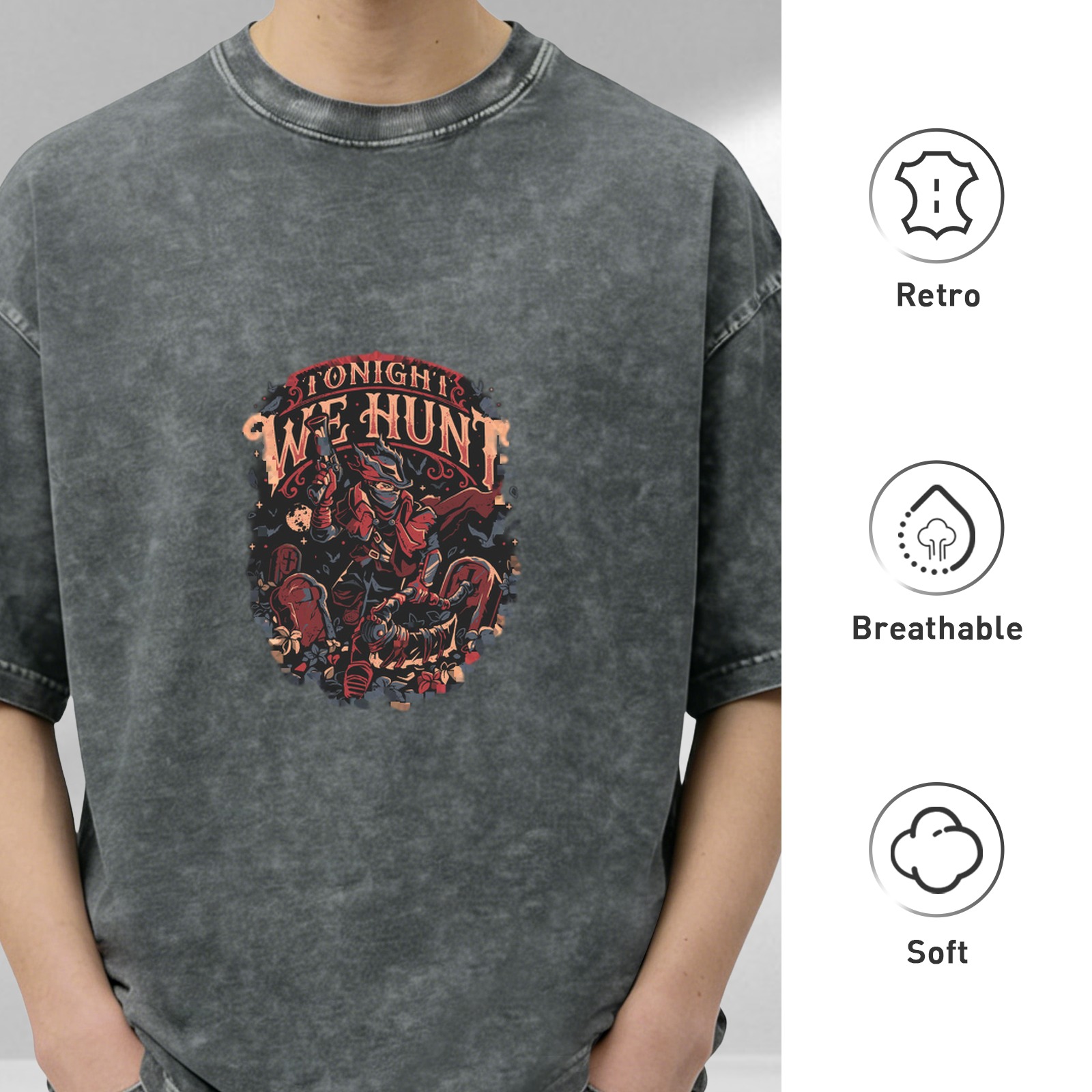 Washed Black Graphic T-Shirt With Tonight We Hunt Monster Hunter Design
