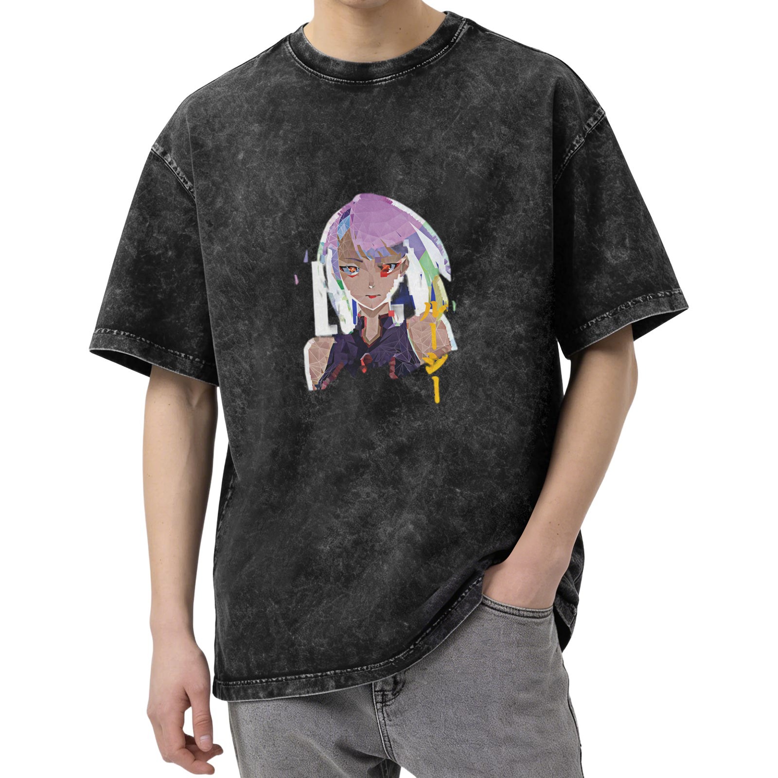 Cyberpunk Anime Character Graphic Oversized Washed Black T-Shirt