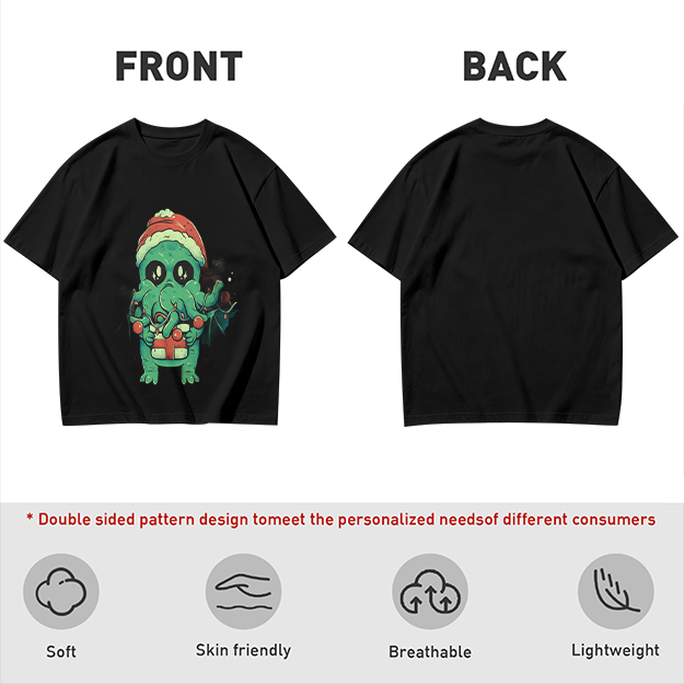 Olive Green T-Shirt With Cute Christmas Cthulhu Graphic