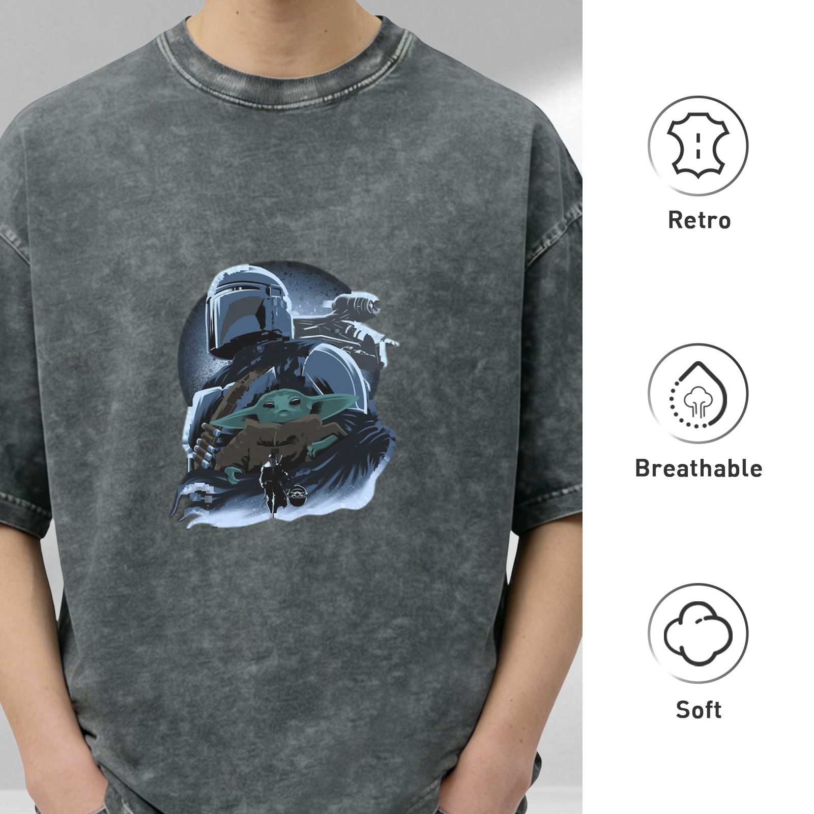 Washed Black T-Shirt Featuring Mandalorian and Child Grogu Art