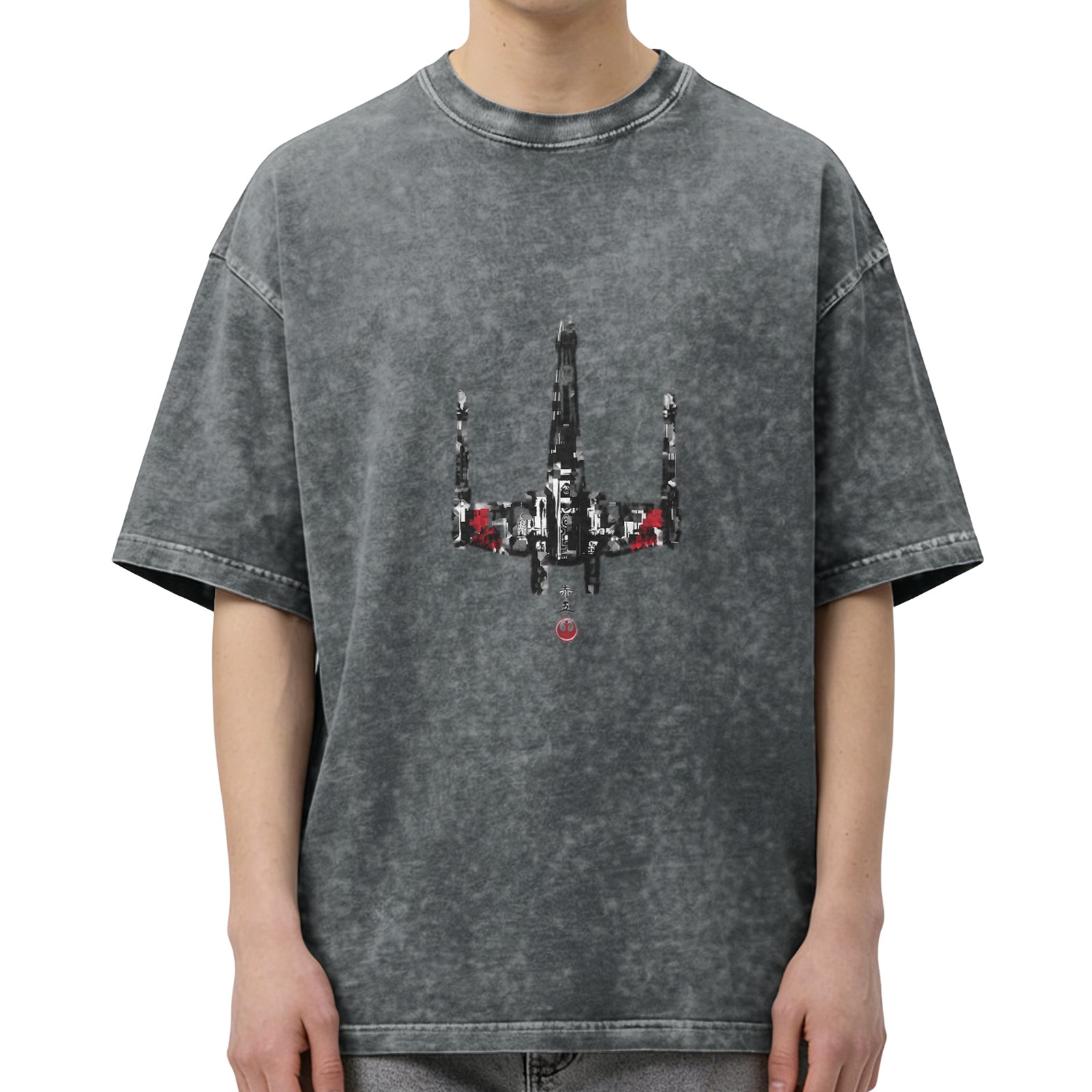 oversized acid wash black graphic t-shirt with distressed trident design