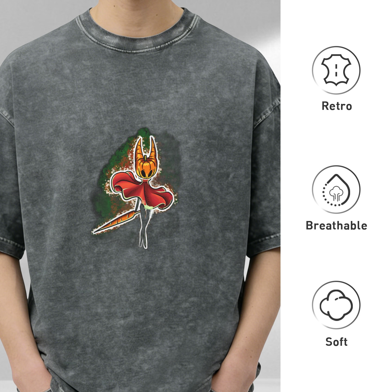 Washed Black T-Shirt with Pumpkin Horned Character Graphic
