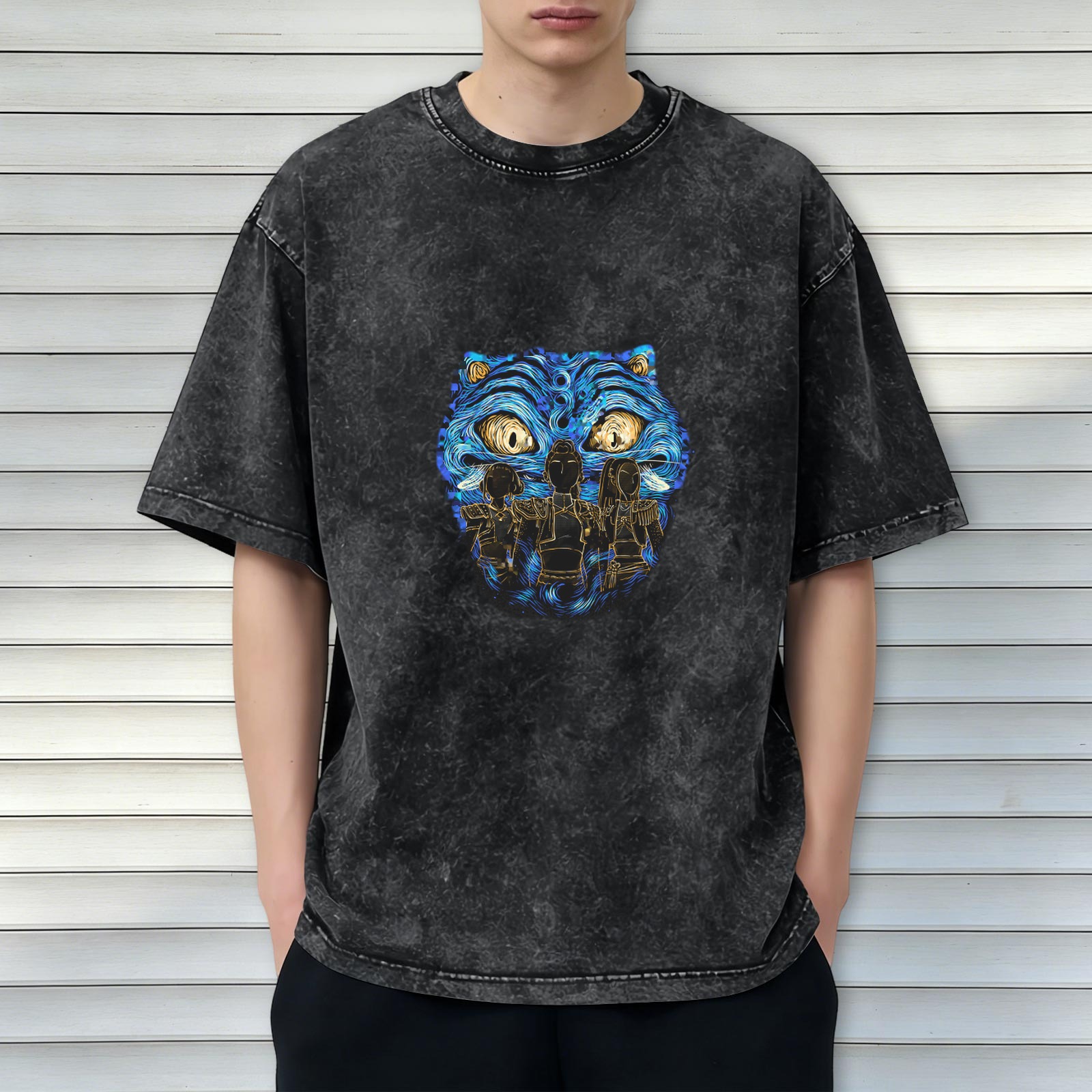 Oversized Dark Wash T-Shirt With Blue Tiger Artwork Print