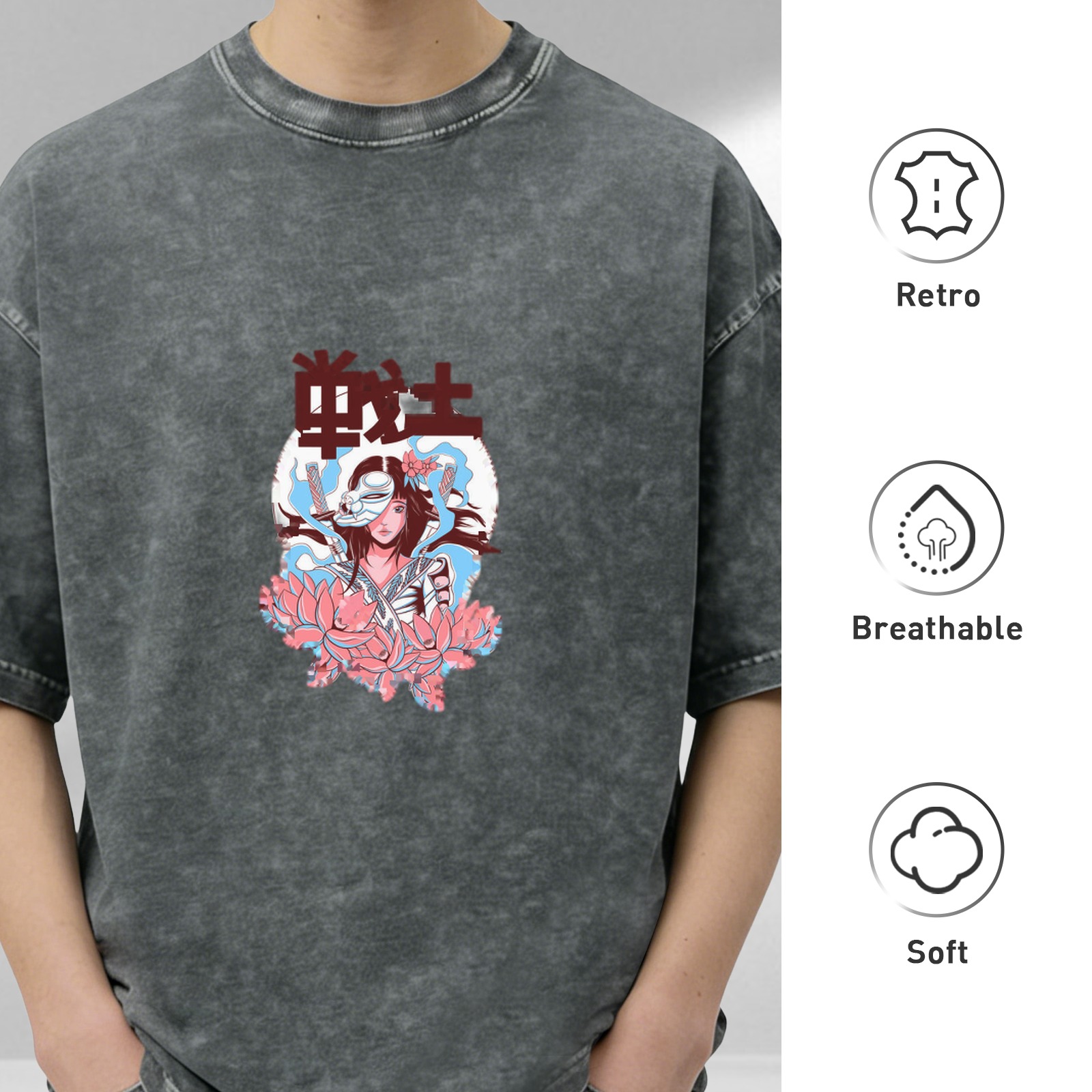 Oversized dark washed t-shirt with anime warrior girl and lotus print