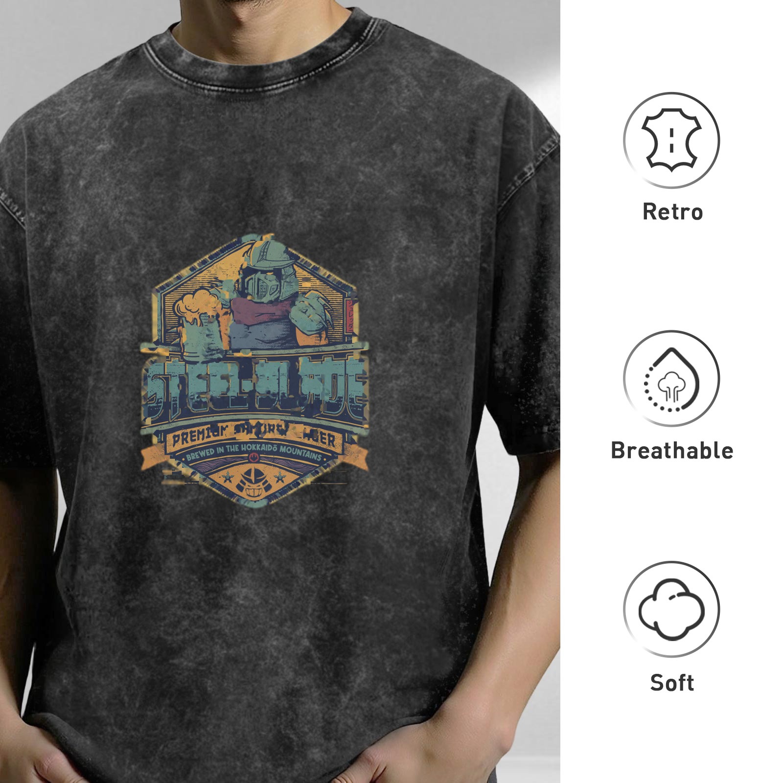 Vintage Stonewashed Black T-Shirt with Fantasy Beer Graphic Print