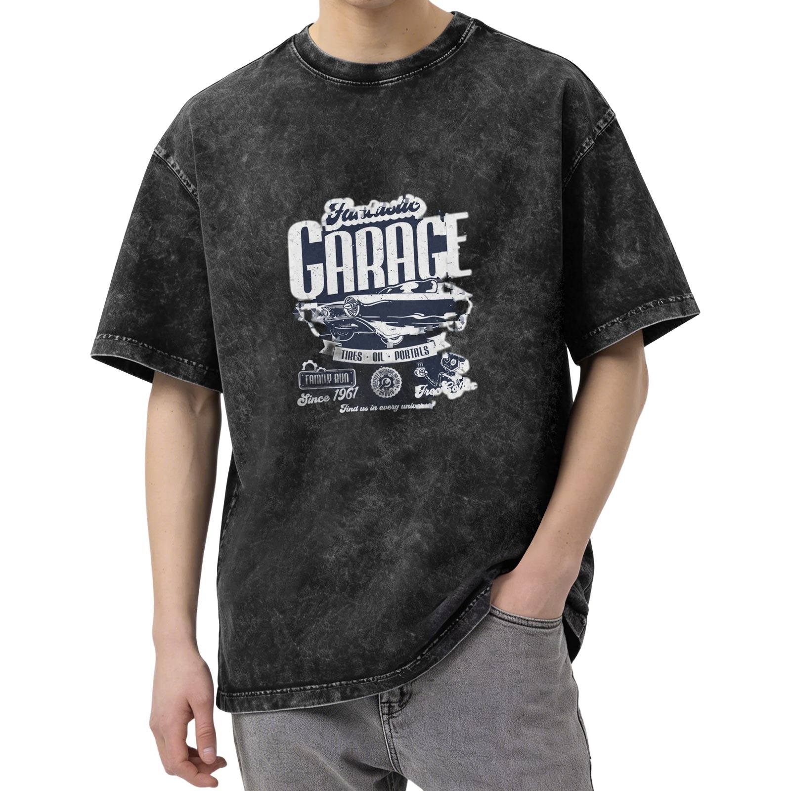 Vintage Washed Graphic T-Shirt with Garage and Classic Car Print