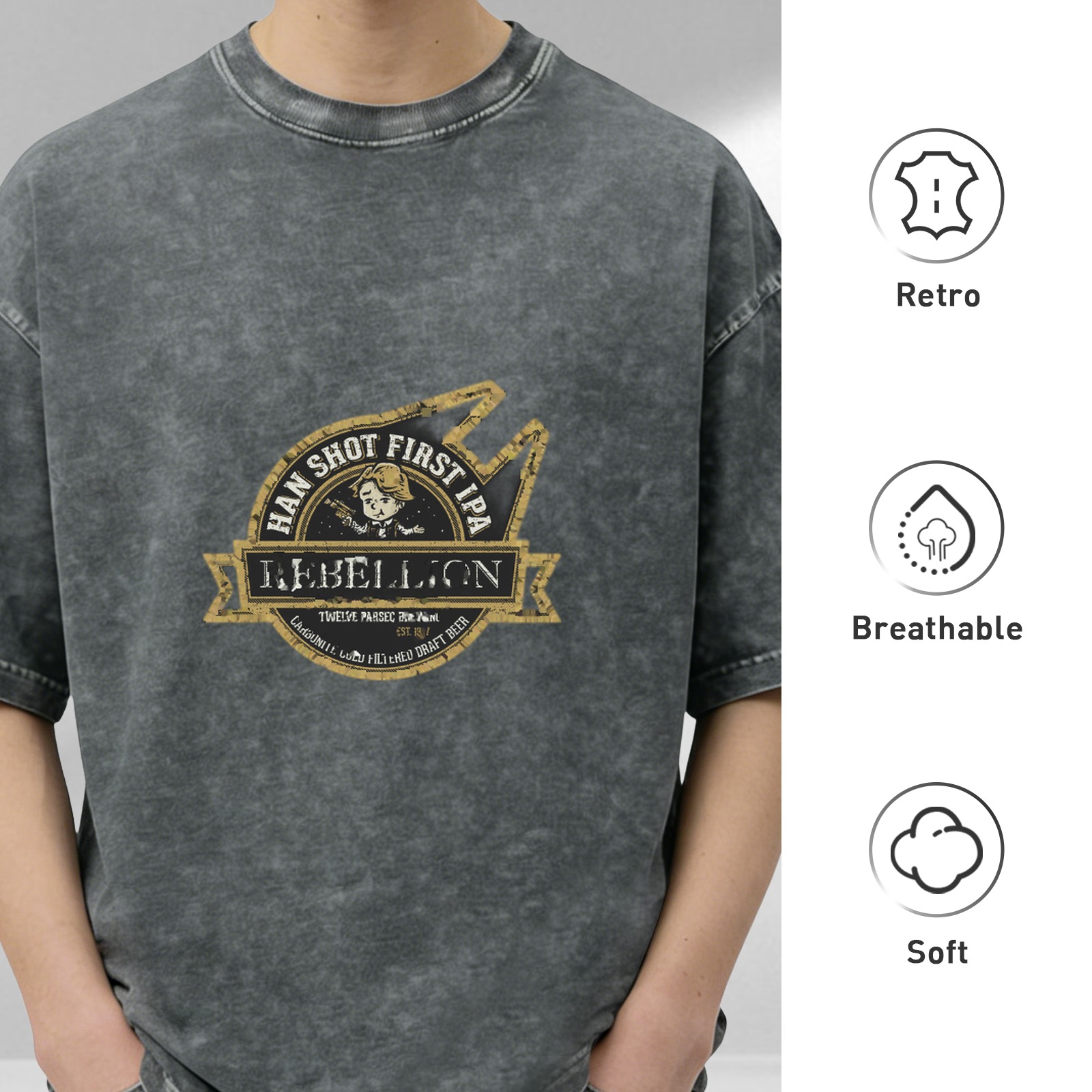 Distressed washed black round neck short-sleeved T-shirt Star Wars themed fun printed casual top