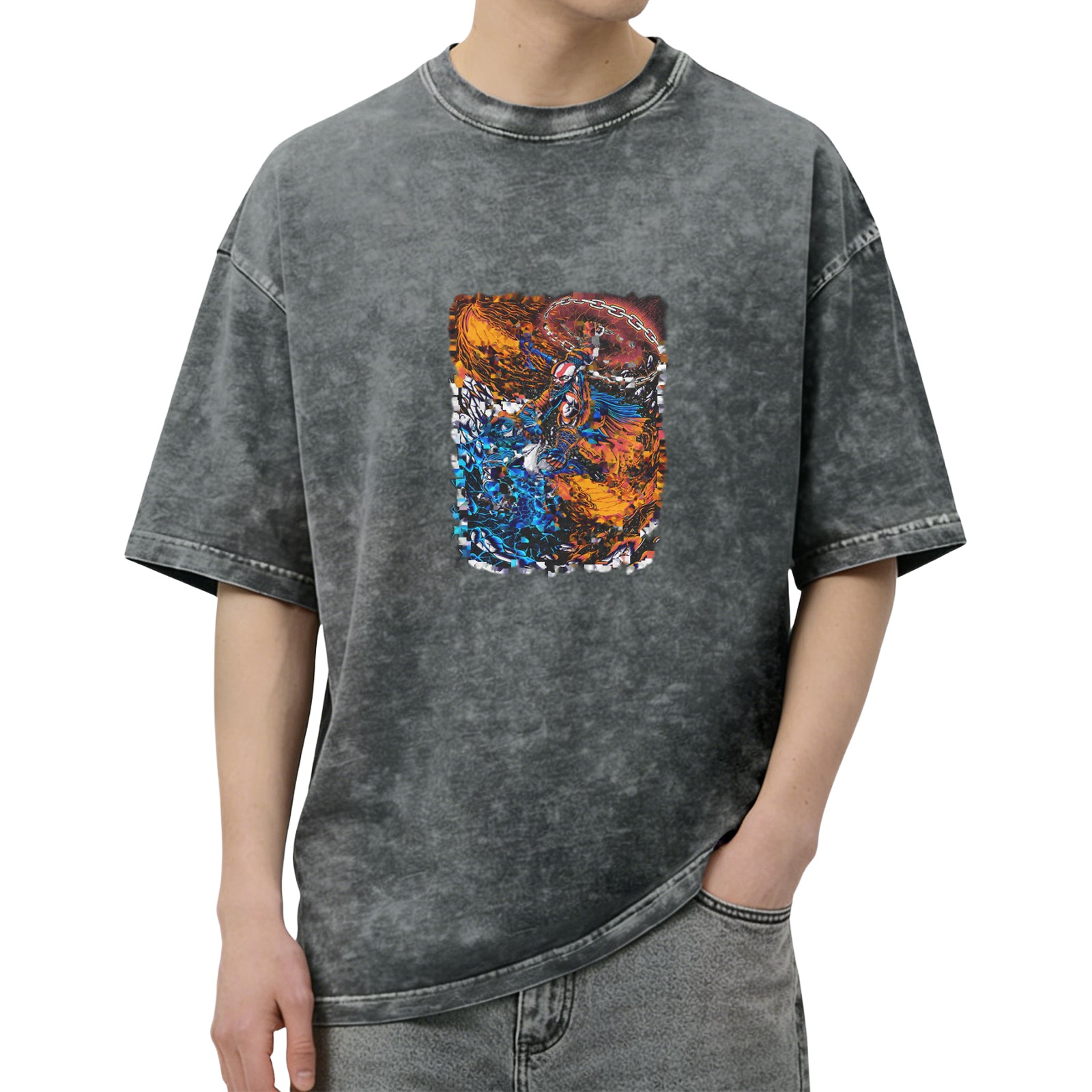 Oversized Acid Wash Graphic T-Shirt with Fire and Water Art Print