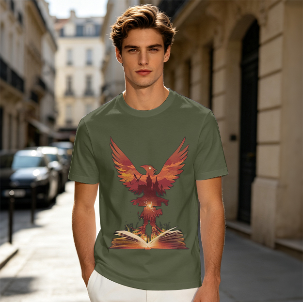 Olive T-Shirt With Phoenix Rising From Open Book Graphic Print