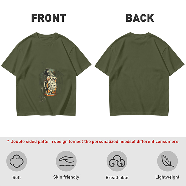 Olive Green T-Shirt with Dragon Beer Mug Graphic Print
