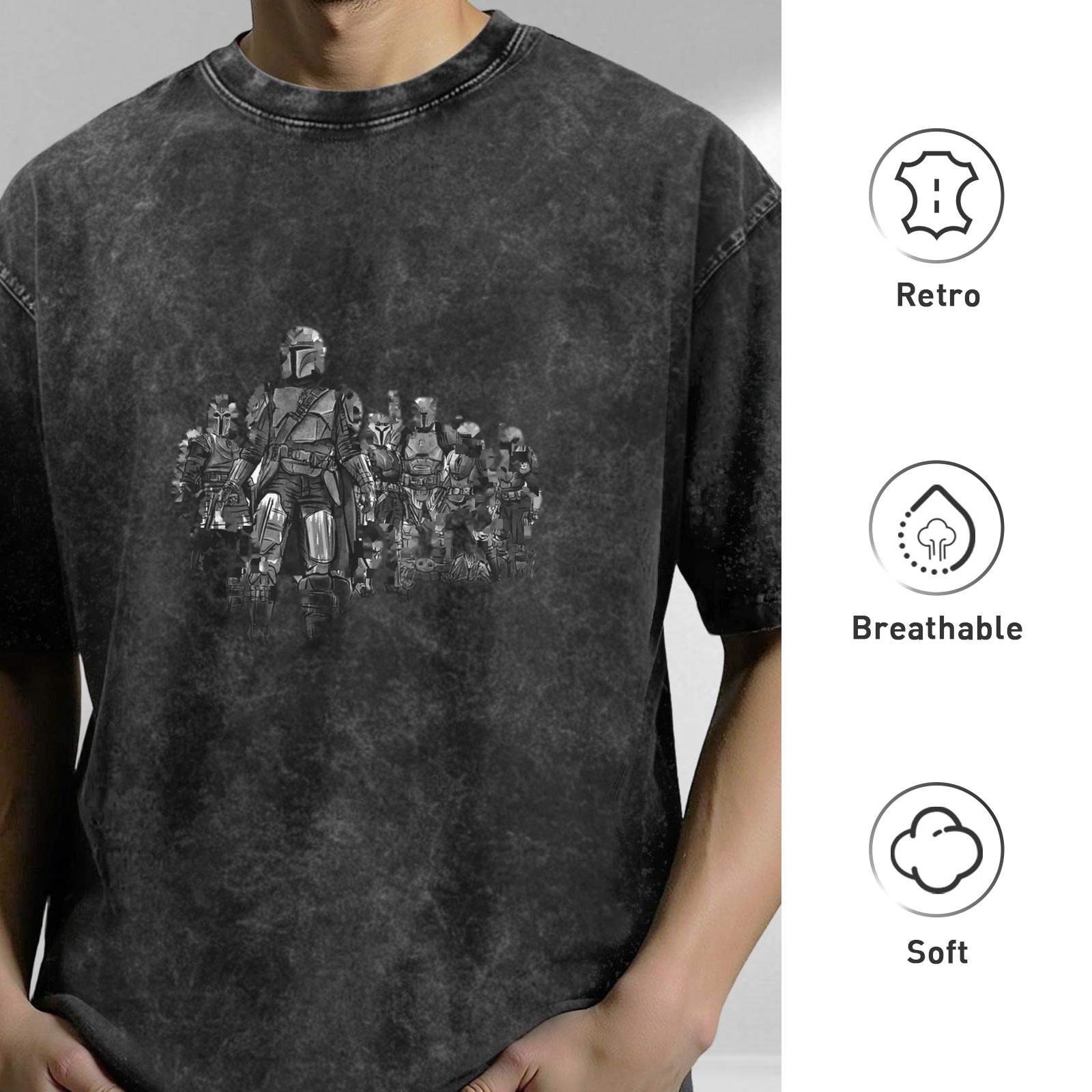 Distressed black Mandalorian themed printed short-sleeved T-shirt
