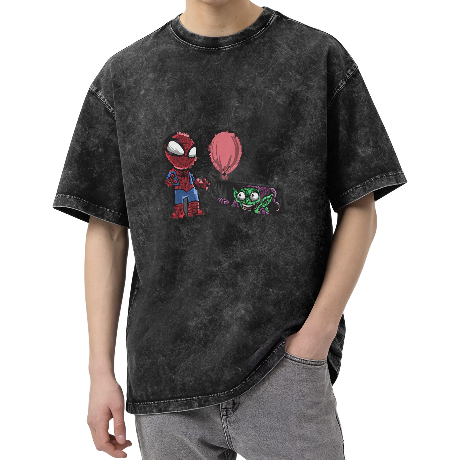 Chibi Spider-Man and Green Goblin Graphic Vintage Wash T-Shirt