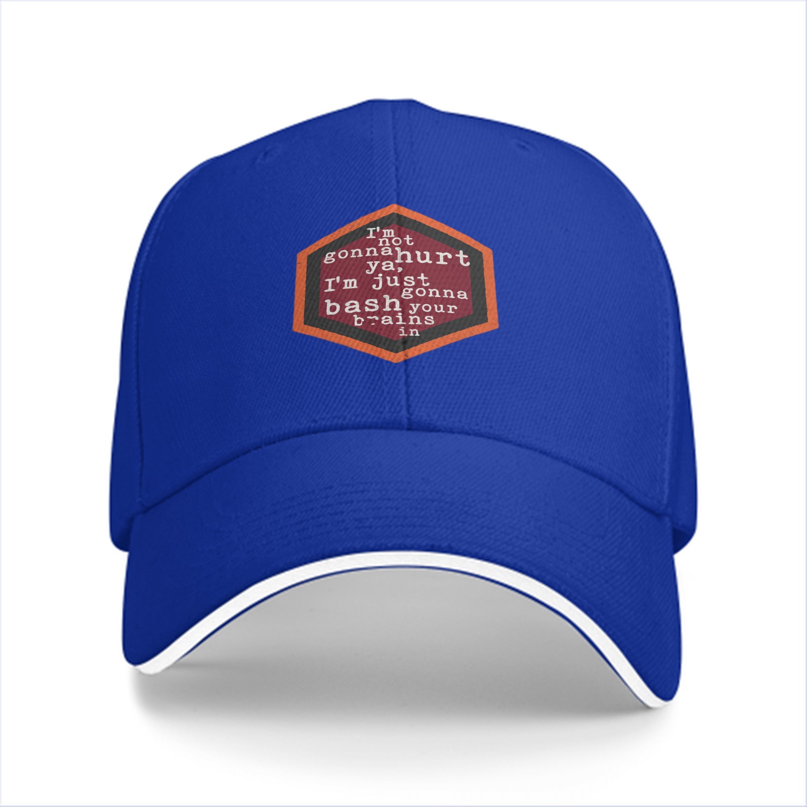 Black baseball cap with humorous hexagon text graphic