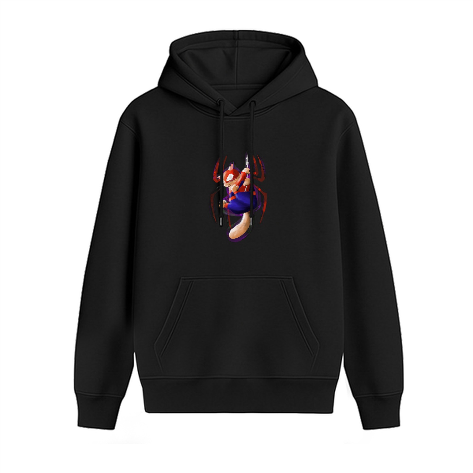 Black hoodie with a spider-squirrel superhero graphic print