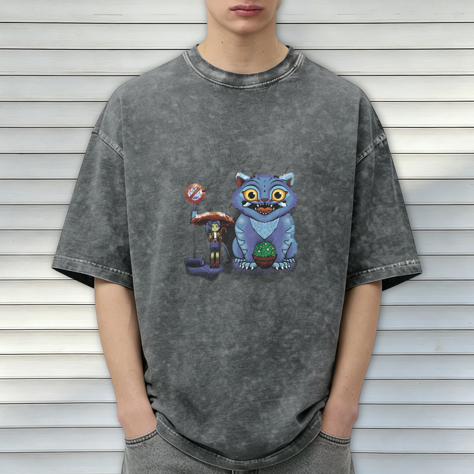 Distressed black loose short-sleeved T-shirt Cartoon blue cat monster print design Personalized trendy casual top