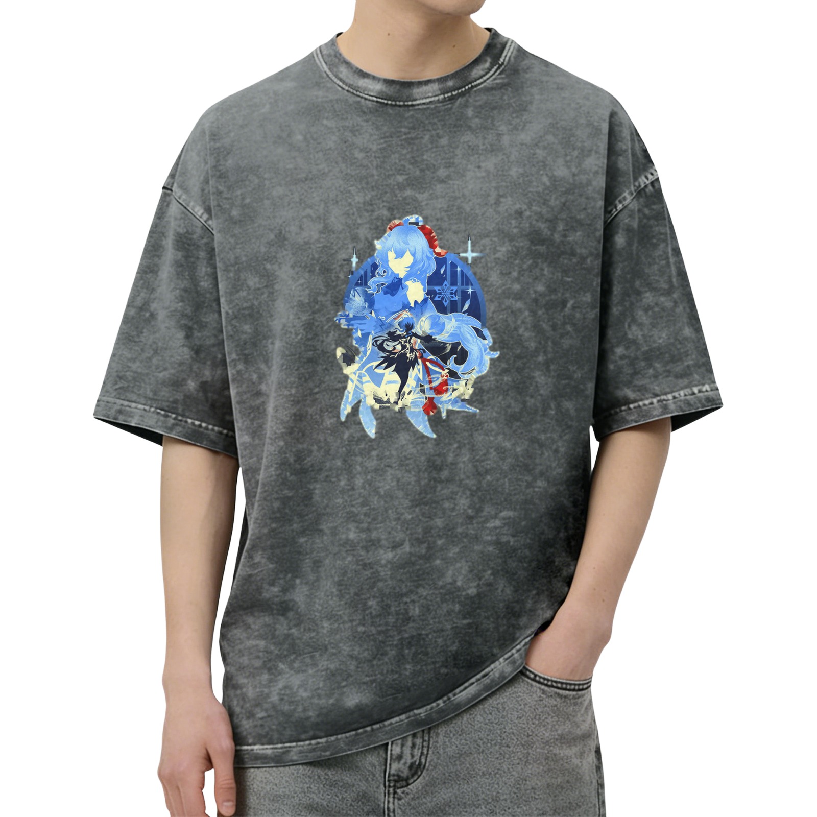 Genshin Impact Ganyu Silhouette Graphic Washed Black T-Shirt