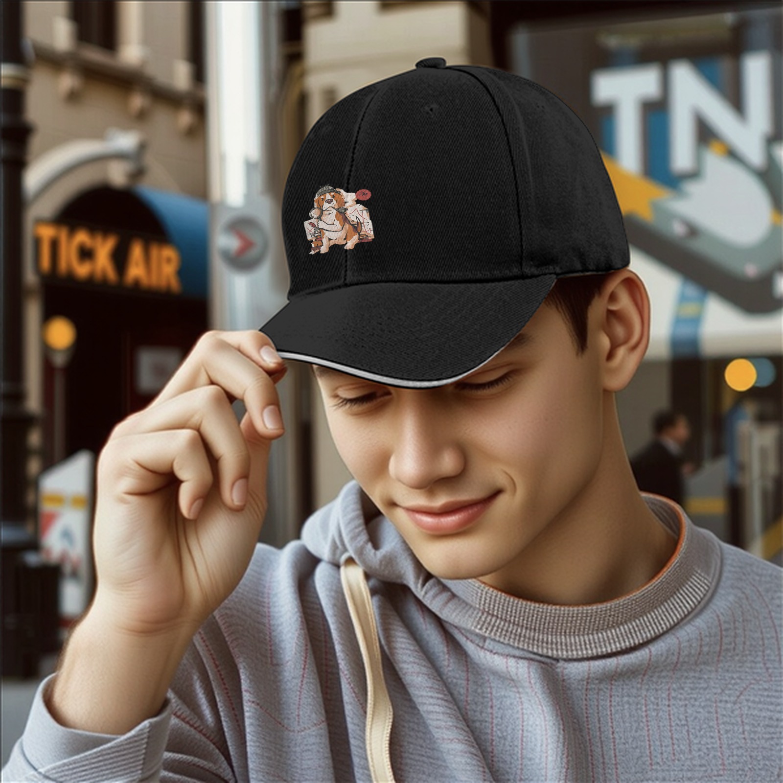 Black Baseball Cap With Beagle Detective Graphic Print