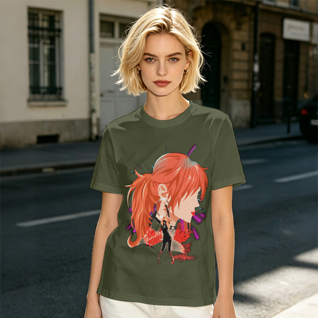 Olive T-Shirt with Anime Red-Haired Girl Profile Art Print