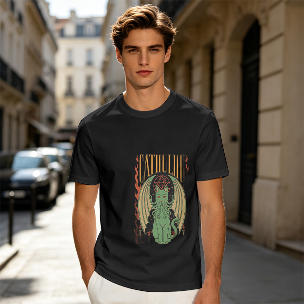 Olive T-shirt with Cthulhu Cat Graphic Print