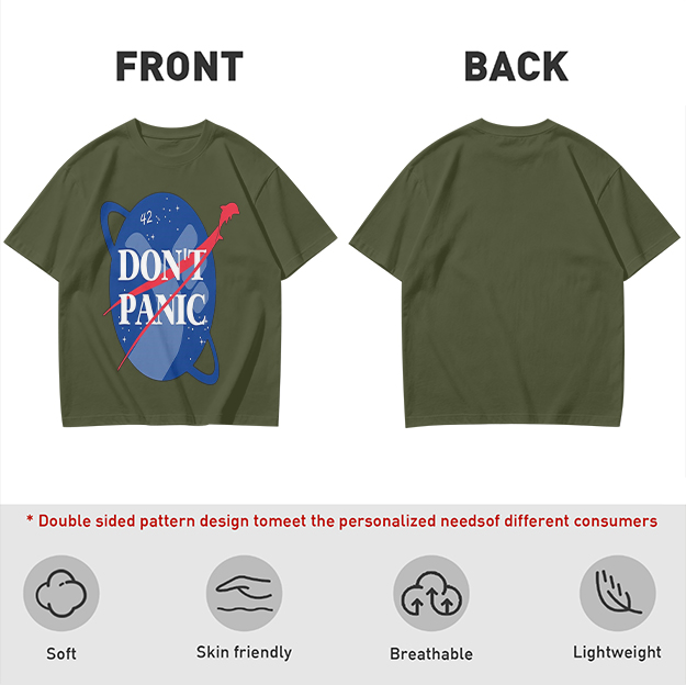 Olive green space-themed t-shirt with 'Don't Panic' print