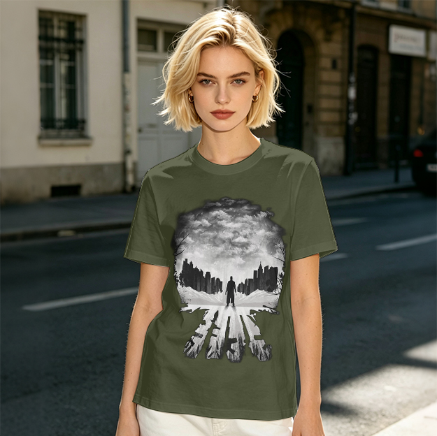Olive Green T-Shirt With Skull Silhouette Cityscape Artwork