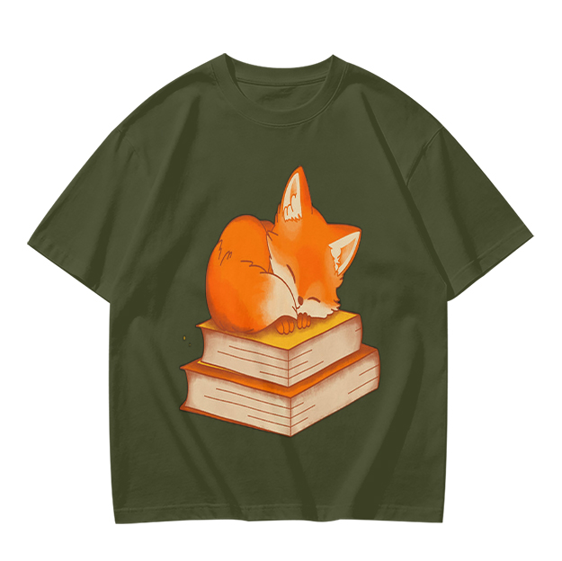 Olive T-Shirt With Sleeping Fox On Stacked Books Print