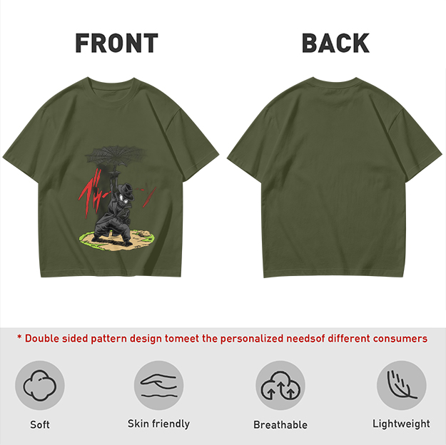 Olive T-shirt with Dark Umbrella-Wielding Character Graphic