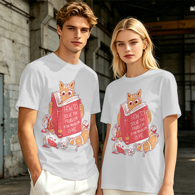 Olive T-Shirt With Ginger Cat Reading Self-Help Book Print