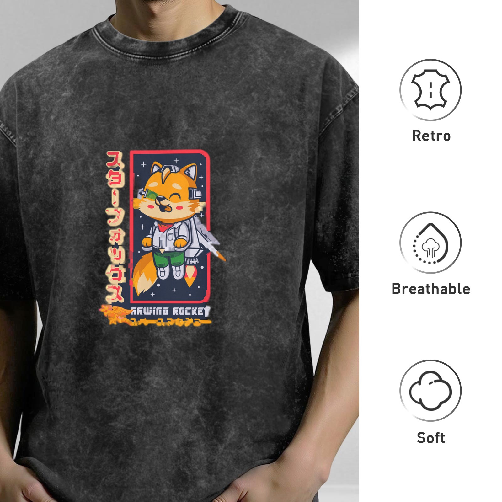 Washed black graphic t-shirt with cartoon space fox and rocket design