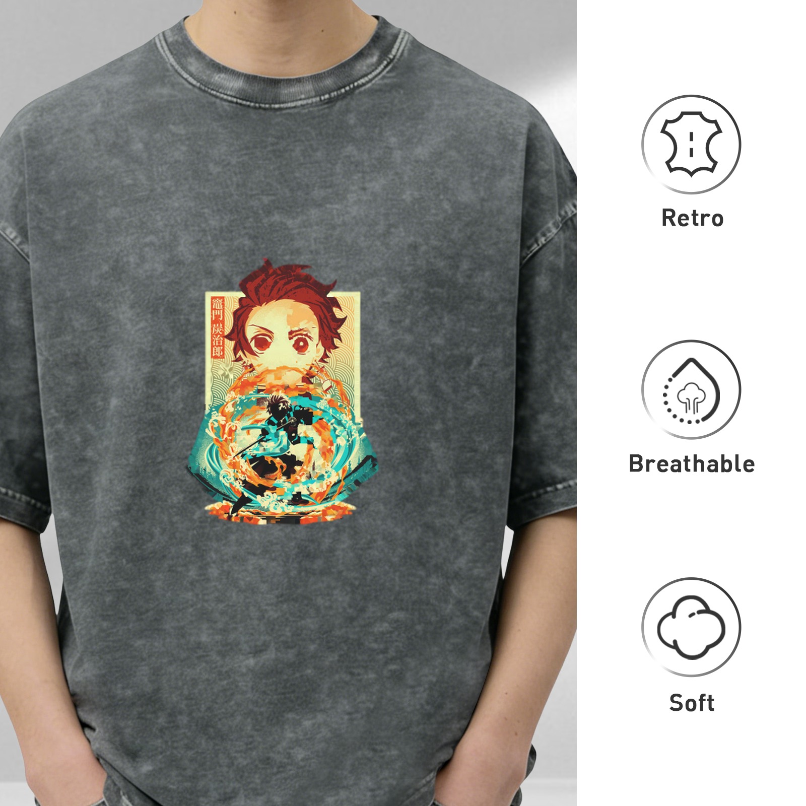 Demon Slayer: Kimetsu no Yaiba Tanjiro themed washed and distressed loose short-sleeved T-shirt