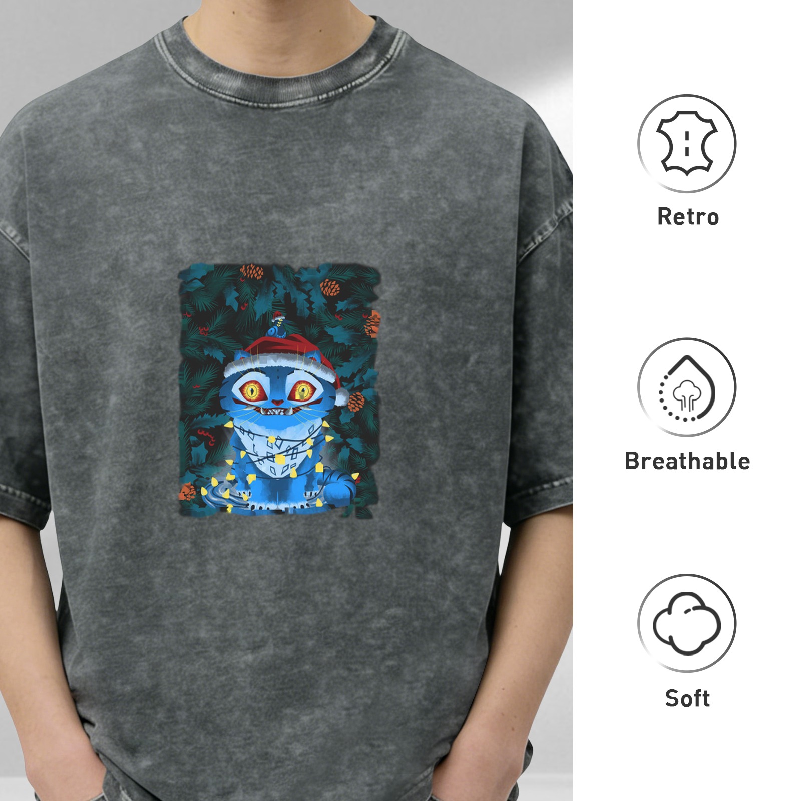 Distressed Black Christmas Blue Cat Print Short Sleeve T-Shirt