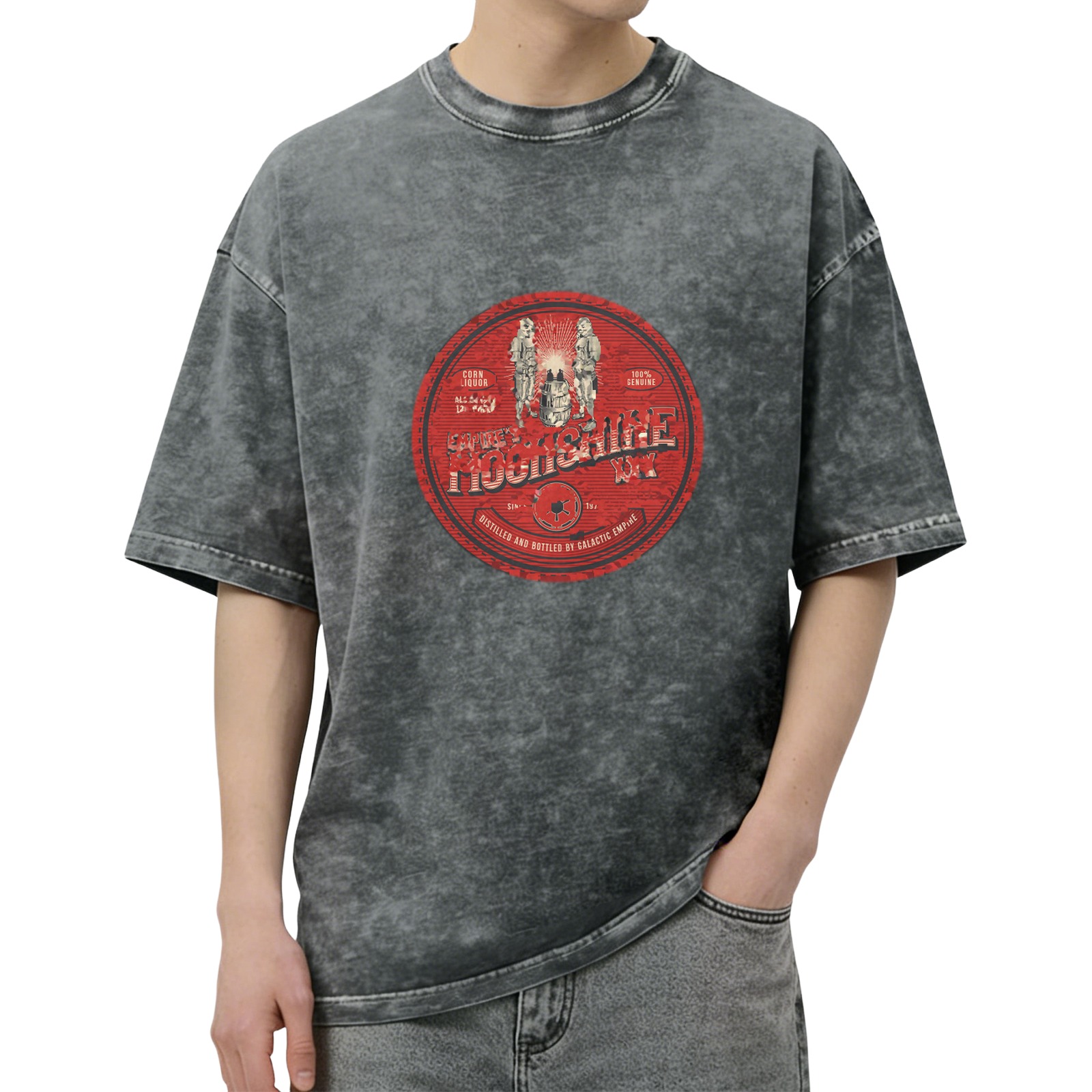 Vintage Black Acid Wash T-Shirt with Red Galactic Moonshine Graphic
