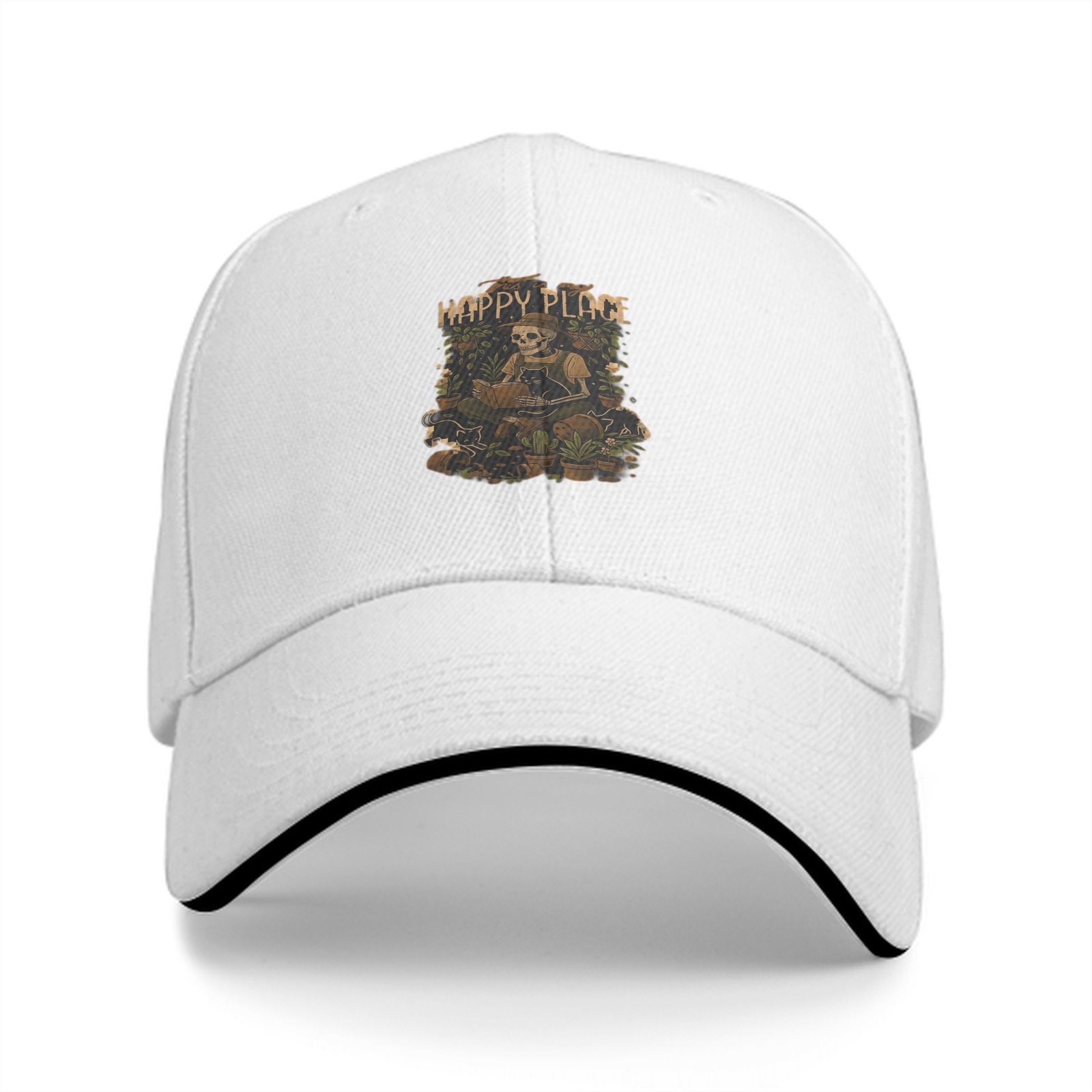 Black baseball cap with 'Happy Place' skeleton gardening graphic