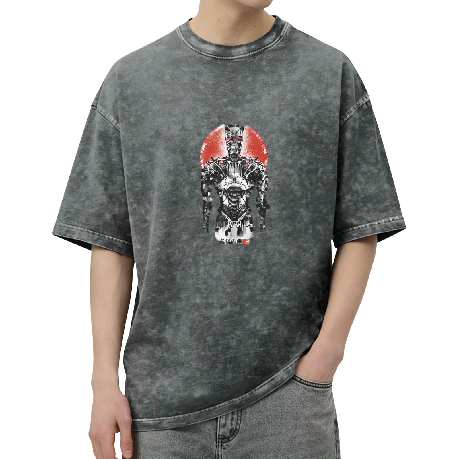 Washed Black Oversized T-Shirt with Terminator Robot Graphic