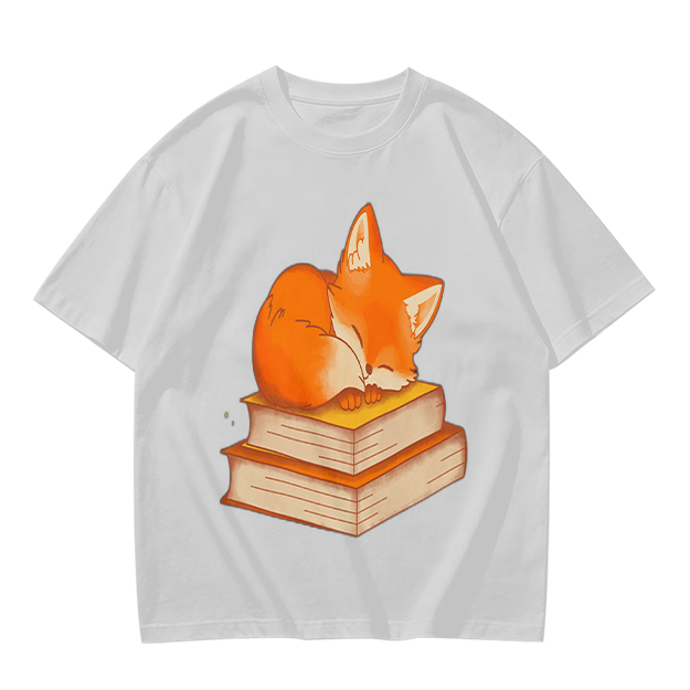 Olive T-Shirt With Sleeping Fox On Stacked Books Print