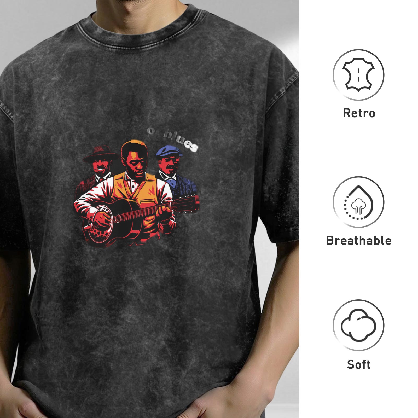 Washed Black Graphic Tee with Blues Musician Illustration