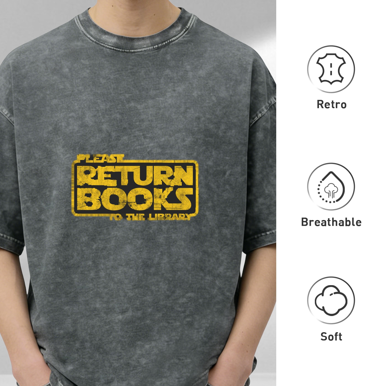 Washed Black T-Shirt With Star Wars Style Return Books Library Text