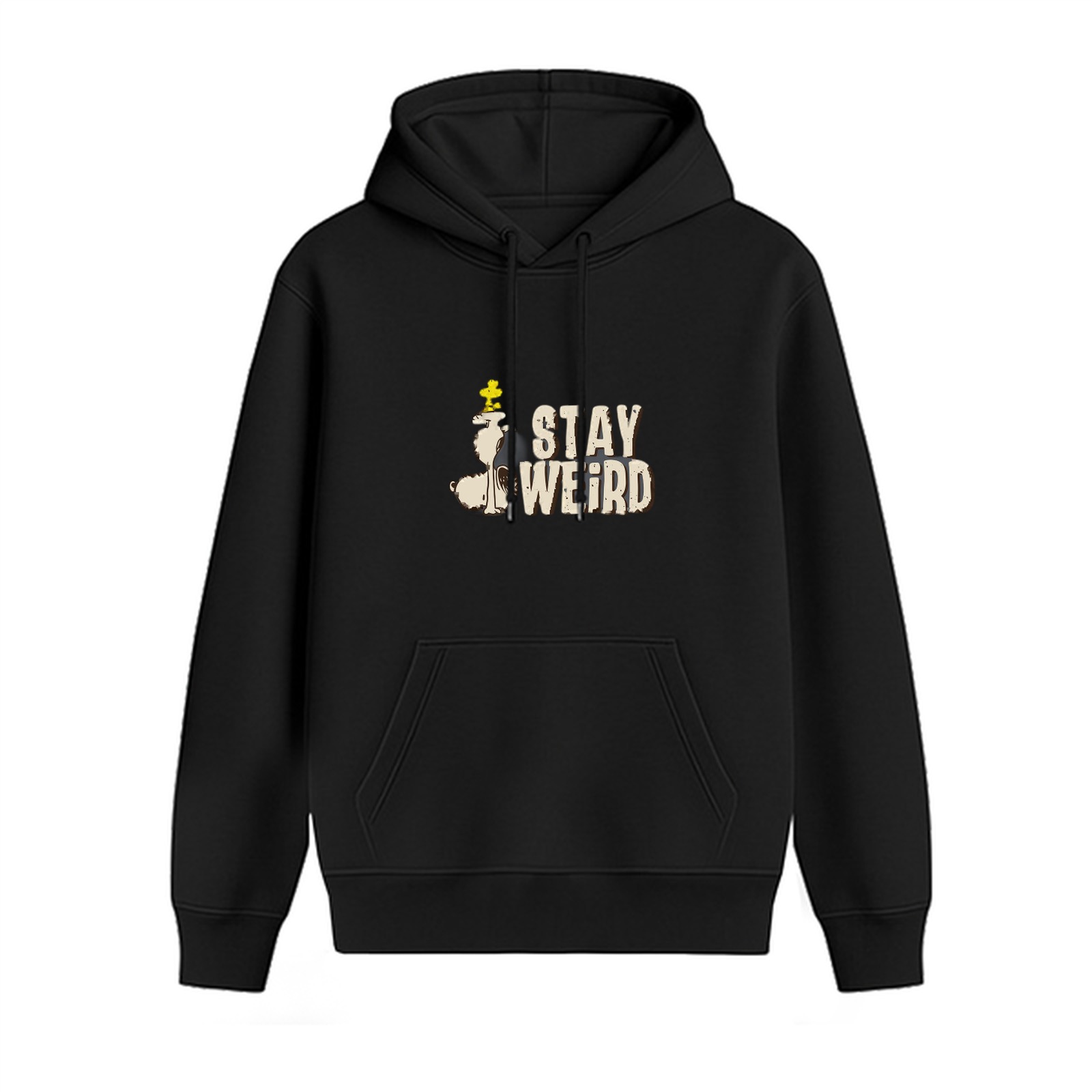 Black hoodie with 'STAY WEIRD' and Peanuts characters graphic